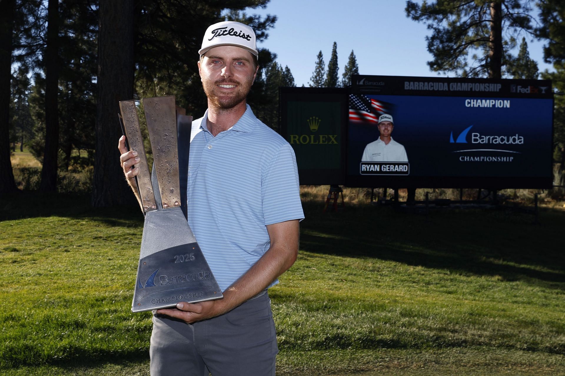 Ryan Gerard poses with the trophy after winning the Barracuda Championship 2025 (Image Source: Getty)
